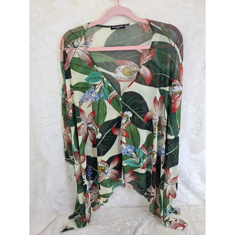 Cha Cha Vente Women Large Tropical Floral Mesh Sheer Button Front Top